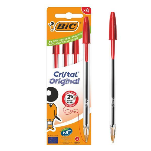 BIC CRISTAL ORIGINAL PENNA A SFERA TRATTO 0.32 mm INCHIOSTRO ROSSO CONF 4 Pz.